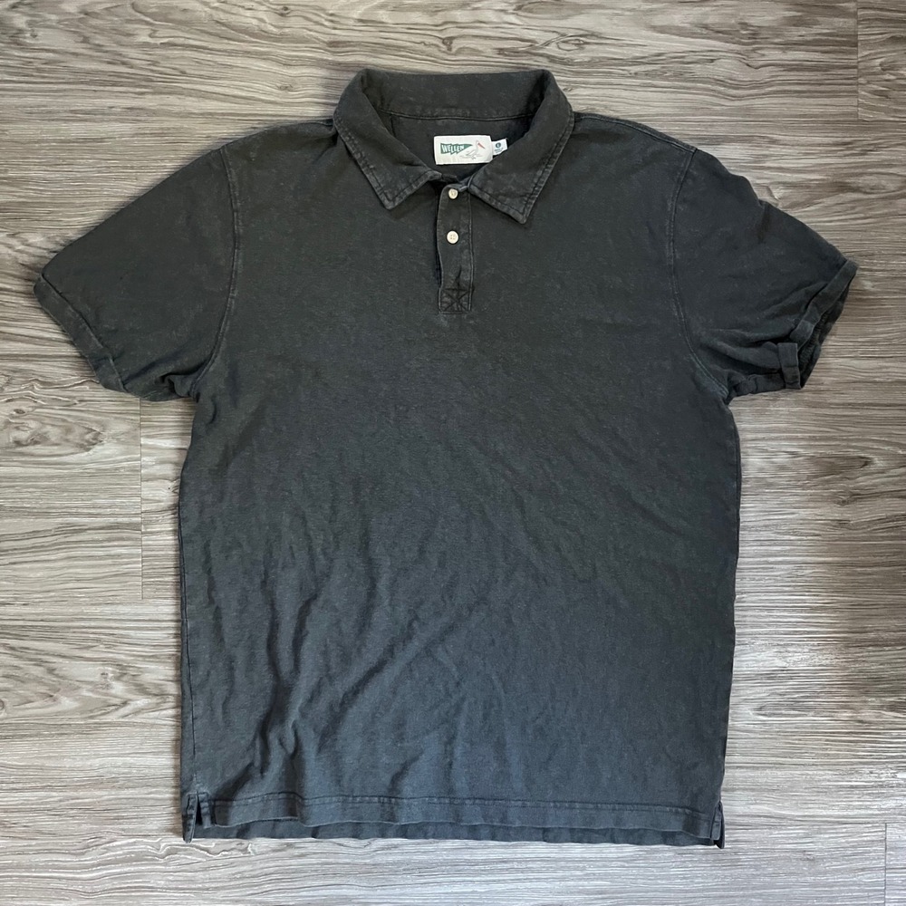 Wellen Mens Short Sleeve Polo Shirt Washed Charcoal Black Slub Cotton Size L